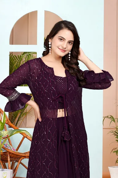 Premium Purple Fox Georgette Embroidered Layered Bridal Reception Lehenga Set with Dupatta for Indian Wedding Party Wear Size XXL thumbnail 2