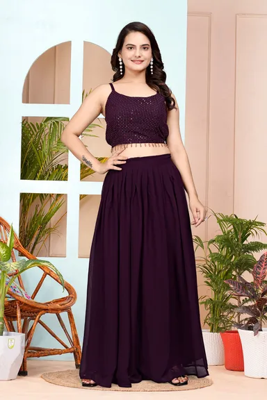 Premium Purple Fox Georgette Embroidered Layered Bridal Reception Lehenga Set with Dupatta for Indian Wedding Party Wear Size XXL thumbnail 3