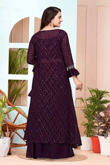 Premium Purple Fox Georgette Embroidered Layered Bridal Reception Lehenga Set with Dupatta for Indian Wedding Party Wear Size XXL thumbnail 4