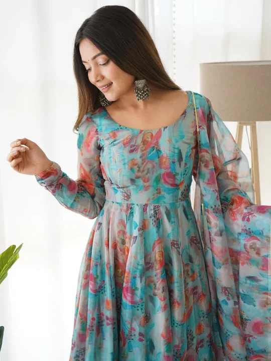 Blue Printed Organza Anarkali Kurta Set with Intricate Lucknowi Embroidery Full Flair Matching Dupatta Elegant Women’s Festive Wedding Party and Traditional Ethnic Wear Outfit image 2