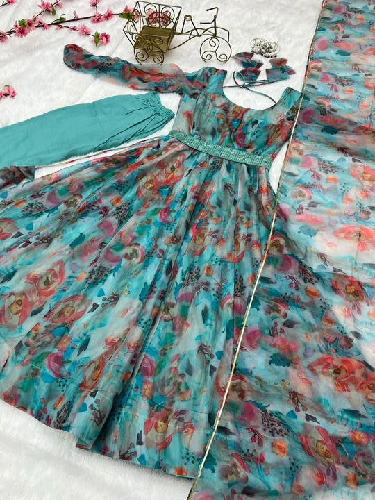 Blue Printed Organza Anarkali Kurta Set with Intricate Lucknowi Embroidery Full Flair Matching Dupatta Elegant Women’s Festive Wedding Party and Traditional Ethnic Wear Outfit image 4