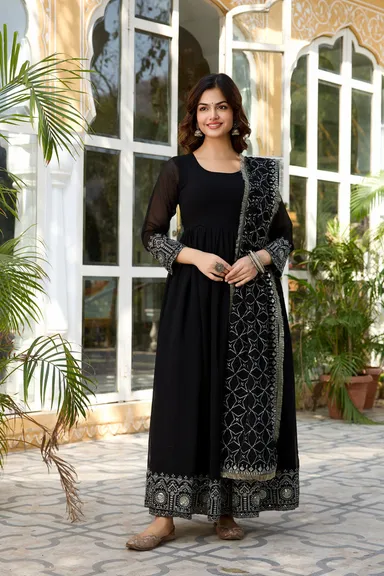 Heavy Embroidered Anarkali Kurta Set | Full Flare Gown with Dupatta | Wedding Wear |Black| Size M thumbnail 1