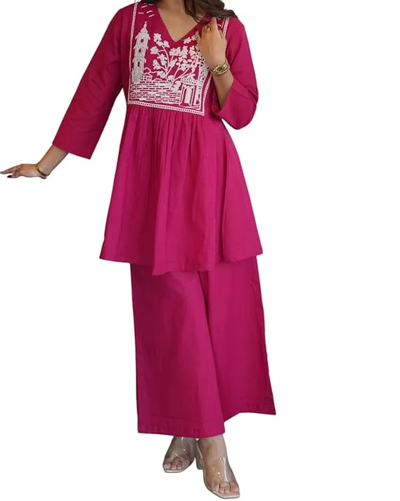 Cotton Embroidered Short Anarkali Kurti with Pant Set | Pink XL | Women’s Ethnic Wear Daily & Festive Outfit image 1