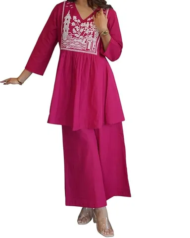 Cotton Embroidered Short Anarkali Kurti with Pant Set | Pink XL | Women’s Ethnic Wear Daily & Festive Outfit thumbnail 0
