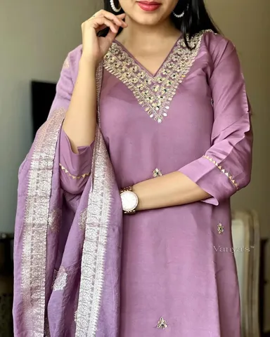 Women’s Embroidered Kurta Set | Stylish Chanderi Silk Kurta With Pant & Dupatta | Party Wear & Festive Ethnic Set thumbnail 1
