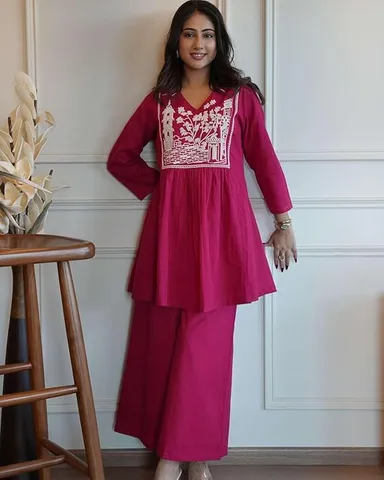 Cotton Embroidered Short Anarkali Kurti with Pant Set XXL | Pink | Women’s Ethnic Daily Wear thumbnail 1