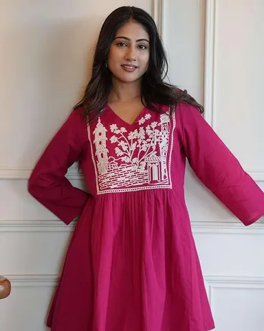 Cotton Embroidered Short Anarkali Kurti with Pant Set XXL | Pink | Women’s Ethnic Daily Wear thumbnail 2