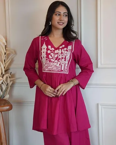 Cotton Embroidered Short Anarkali Kurti with Pant Set XXL | Pink | Women’s Ethnic Daily Wear thumbnail 3