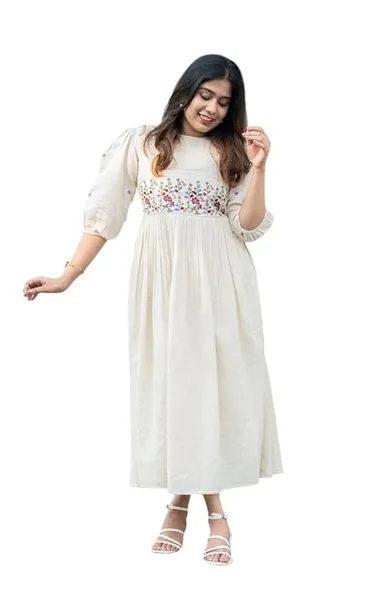 Women’s Cotton Floral Embroidery | Anarkali Kurti  | Gown White XL| Partywear | Casual Wear thumbnail 0