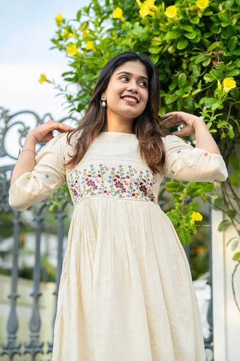 Women’s Cotton Floral Embroidery | Anarkali Kurti  | Gown White XL| Partywear | Casual Wear image 2