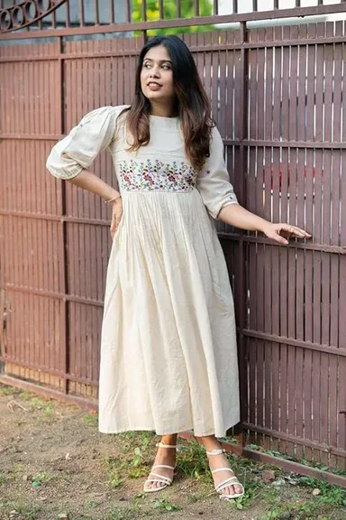 Women’s Cotton Floral Embroidery | Anarkali Kurti  | Gown White XL| Partywear | Casual Wear thumbnail 2