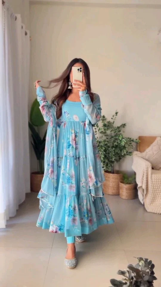 Fox Georgette Anarkali Kurta Set in Aqua Blue with 5 Meter Full Flare Digital Print Ethnic Dress with Micro Cotton Lining, Matching Pant and Dupatta for Women Wedding and Festive Occasions image 2