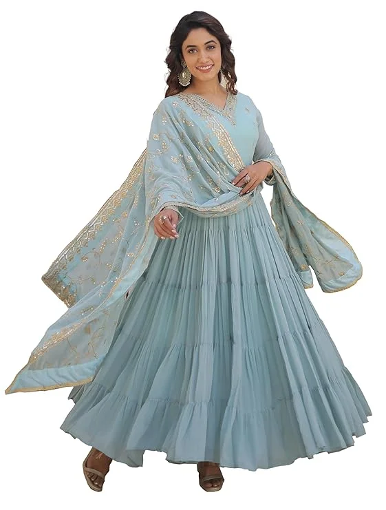 Women Anarkali Kurta Set Aqua Blue Digital Print Georgette Fabric with Lace Dupatta Flared Ethnic Wear Party Festival Daily Comfort Stylish Designer Kurti image 1