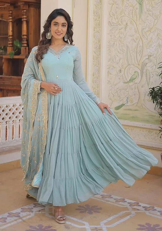 Women Anarkali Kurta Set Aqua Blue Digital Print Georgette Fabric with Lace Dupatta Flared Ethnic Wear Party Festival Daily Comfort Stylish Designer Kurti image 2