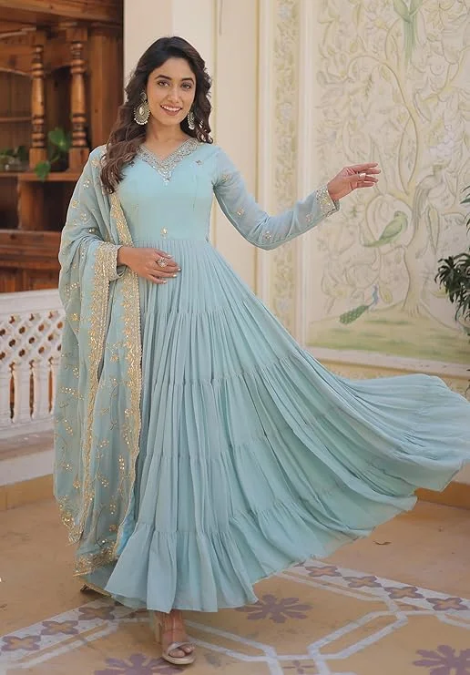Women Anarkali Kurta Set Aqua Blue Digital Print Georgette Fabric with Lace Dupatta Flared Ethnic Wear Party Festival Daily Comfort Stylish Designer Kurti image 3