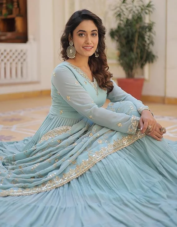 Women Anarkali Kurta Set Aqua Blue Digital Print Georgette Fabric with Lace Dupatta Flared Ethnic Wear Party Festival Daily Comfort Stylish Designer Kurti image 4