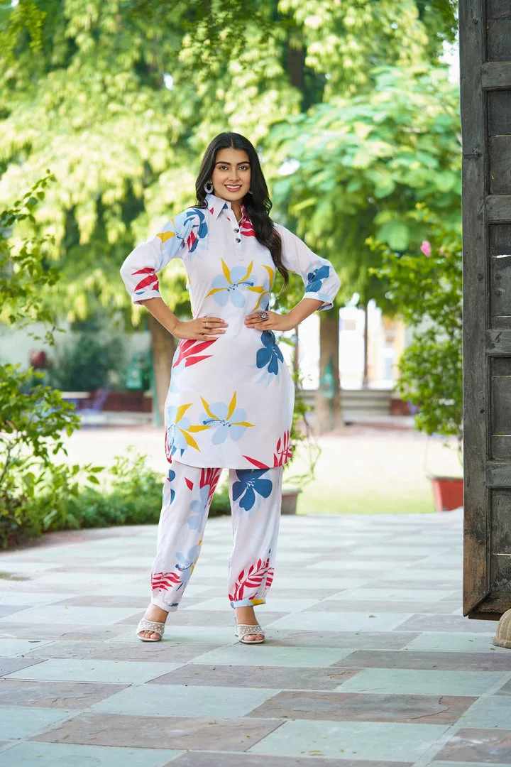 Women Floral Printed Cotton Co‑Ord Set with Collar Neck Two‑Piece Lightweight Breathable Summer Outfit White Floral Print Size S Casual Daily Wear image 2