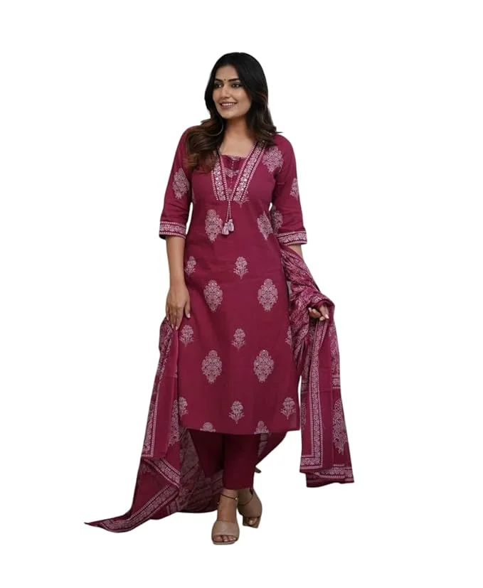Cotton Printed Straight Kurti Set | Pant & Dupatta | Maroon size M | Women’s Ethnic Wear | Office & Festive image 1