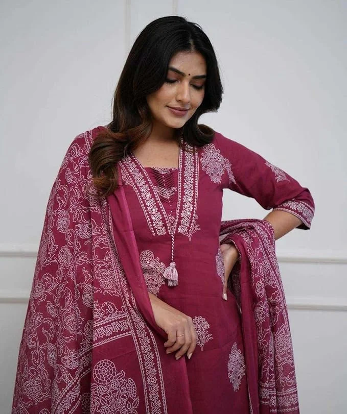 Cotton Printed Straight Kurti Set | Pant & Dupatta | Maroon size M | Women’s Ethnic Wear | Office & Festive image 2