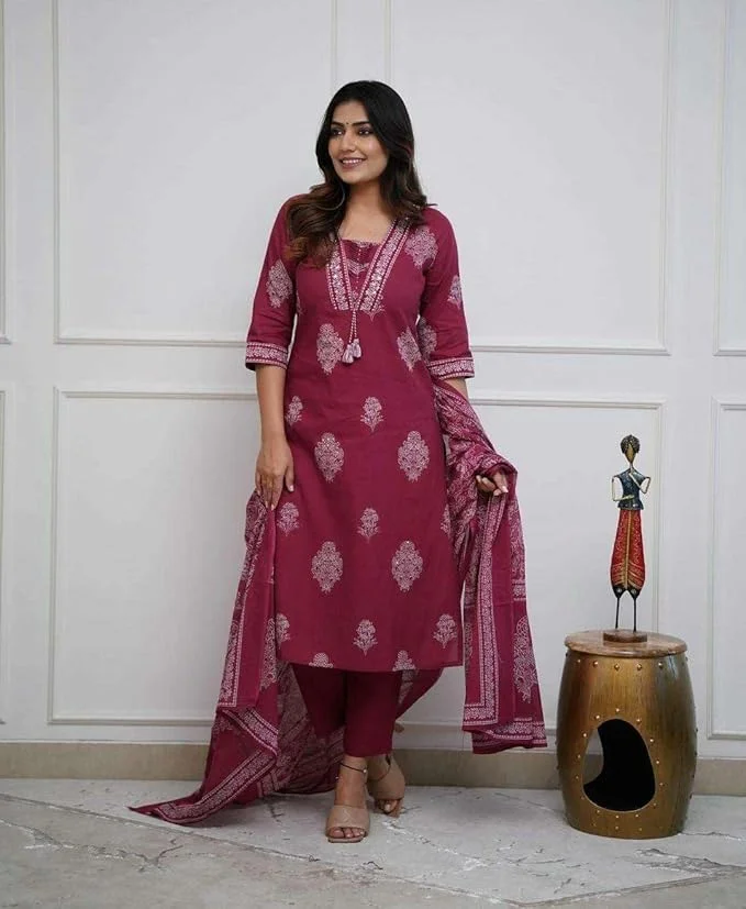 Cotton Printed Straight Kurti Set | Pant & Dupatta | Maroon size M | Women’s Ethnic Wear | Office & Festive image 3