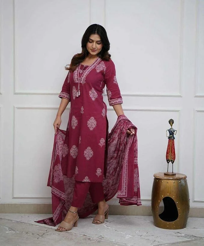Cotton Printed Straight Kurti Set | Pant & Dupatta | Maroon size M | Women’s Ethnic Wear | Office & Festive image 4