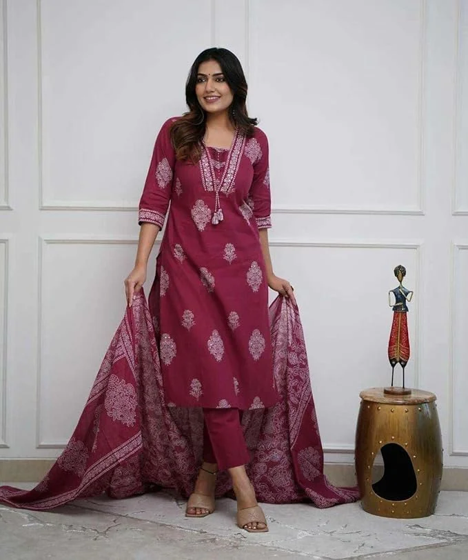 Cotton Printed Straight Kurti Set | Pant & Dupatta | Maroon size M | Women’s Ethnic Wear | Office & Festive image 5