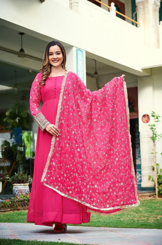 Women’s Embroidered Georgette Anarkali Kurta Set with Dupatta Full Flare Long Wedding Partywear Festive Ethnic Dress Traditional Indian Gown Elegant Designer Outfit image 2