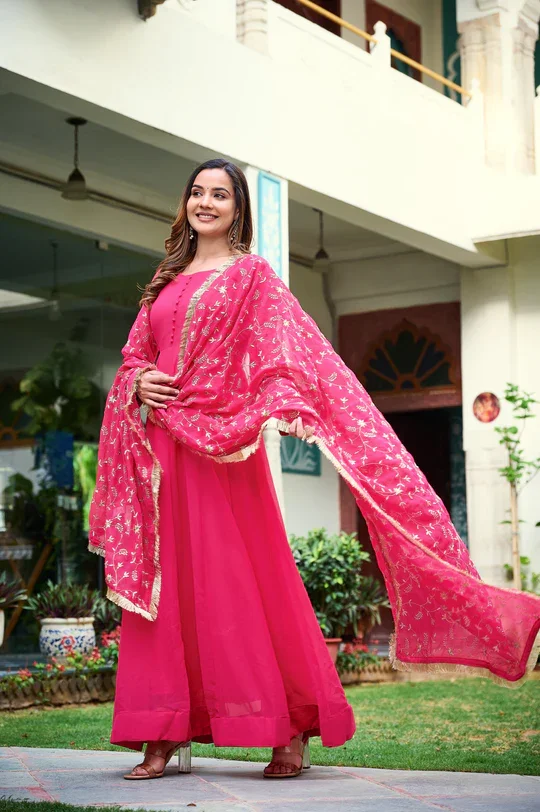 Women’s Embroidered Georgette Anarkali Kurta Set with Dupatta Full Flare Long Wedding Partywear Festive Ethnic Dress Traditional Indian Gown Elegant Designer Outfit image 3