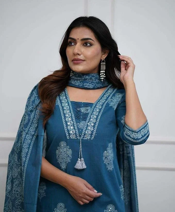 Women’s Cotton Printed | Straight Kurti Set | Teal Blue | With Pant & Dupatta| M Size image 2