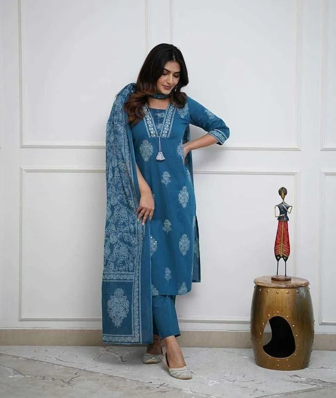 Women’s Cotton Printed | Straight Kurti Set | Teal Blue | With Pant & Dupatta| M Size image 3