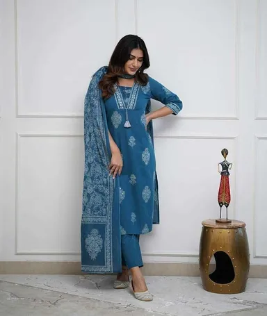 Women’s Cotton Printed | Straight Kurti Set | Teal Blue | With Pant & Dupatta| M Size thumbnail 2