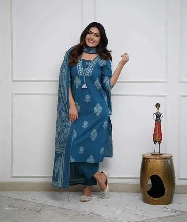 Women’s Cotton Printed | Straight Kurti Set | Teal Blue | With Pant & Dupatta| M Size thumbnail 3