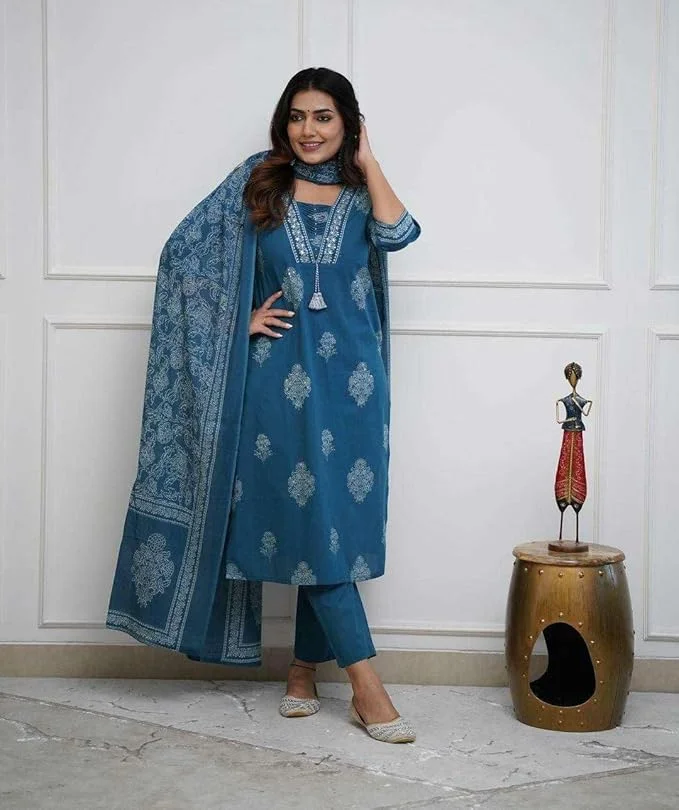 Women’s Cotton Printed | Straight Kurti Set | Teal Blue | With Pant & Dupatta| M Size image 5