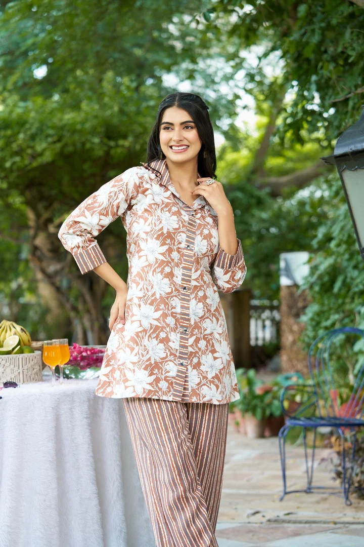 Pastel Floral Co‑Ord Set | Button‑Down Longline Shirt & Straight Pants | Modern Women Summer Outfit | Size L image 3