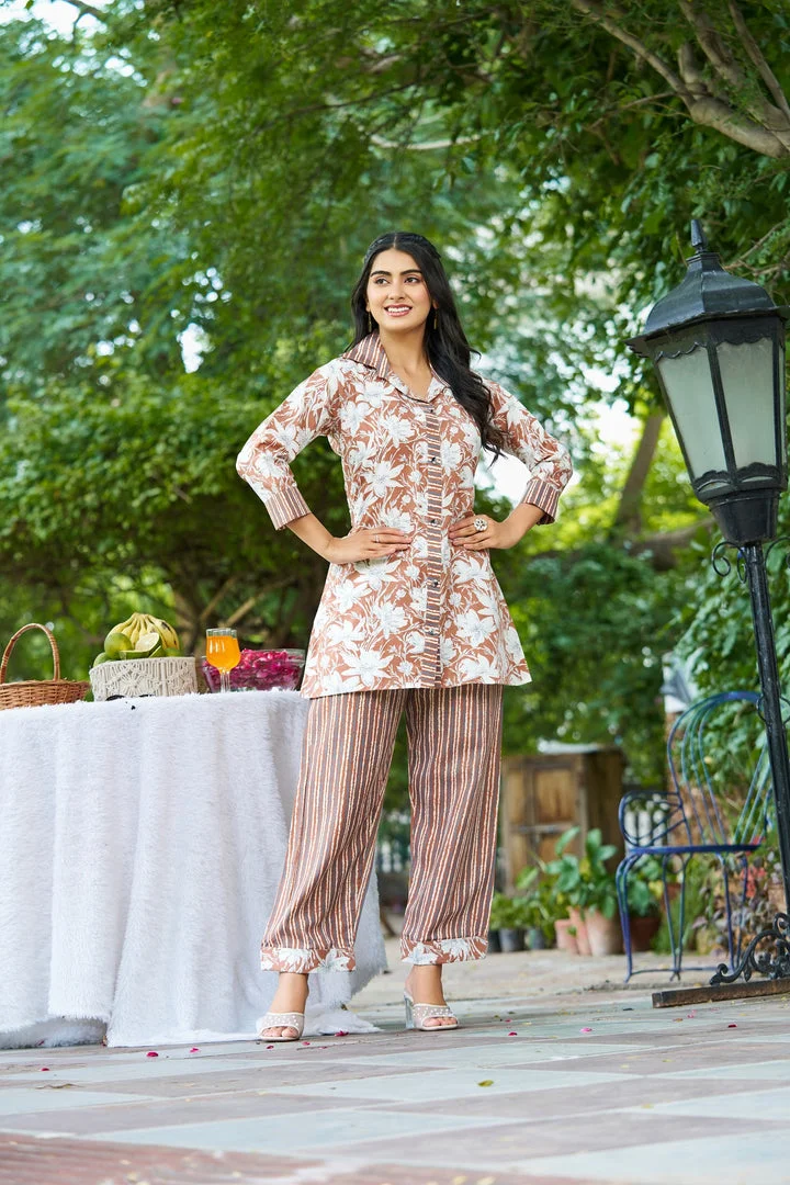 Pastel Floral Co‑Ord Set | Button‑Down Longline Shirt & Straight Pants | Modern Women Summer Outfit | Size XL image 2