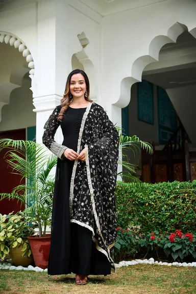 Elegant Black Embroidered Faux Georgette Anarkali Kurta Set for Women with Full Flare and Matching Dupatta Wedding Festival Party Ethnic Wear Designer Indian Outfit thumbnail 0