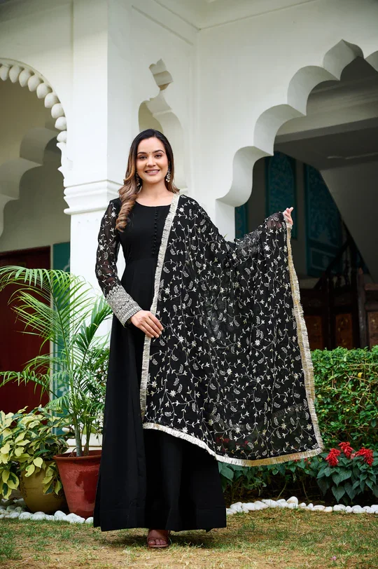Elegant Black Embroidered Faux Georgette Anarkali Kurta Set for Women with Full Flare and Matching Dupatta Wedding Festival Party Ethnic Wear Designer Indian Outfit image 2