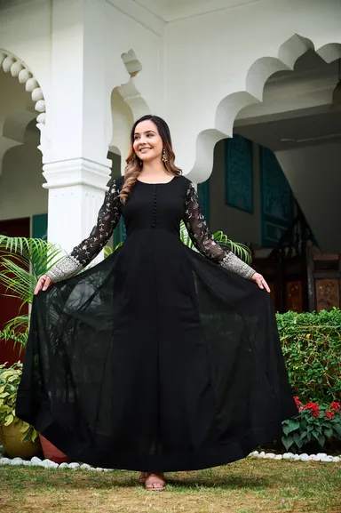 Elegant Black Embroidered Faux Georgette Anarkali Kurta Set for Women with Full Flare and Matching Dupatta Wedding Festival Party Ethnic Wear Designer Indian Outfit thumbnail 3