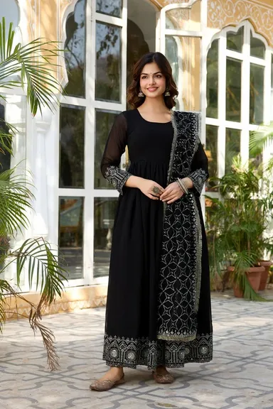 Heavy Sequence Embroidery Anarkali Kurta Set| XXL Size | Party Wear Dress for Women |Full Flare Ethnic Outfit | Black Color thumbnail 3