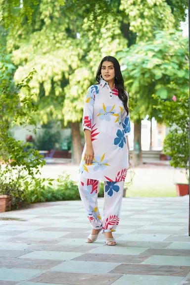 White Floral Printed Co-Ord Set | Collar Neck Summer Casual Wear | Large thumbnail 0