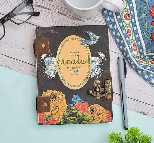 Handmade Cardboard Printed Diary with Buckle Lock | 200 Pages Unruled Journal Notebook | Personal Writing Notepad for Men & Women | Stylish Gifting Diary image 1