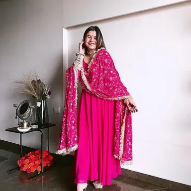 Women Anarkali Kurta Set | Heavy Sequence Embroidery | Full Flare Georgette Gown with Dupatta | Wedding & Party Wear | Rani Color  thumbnail 0