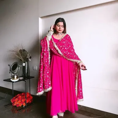 Women Anarkali Kurta Set | Heavy Sequence Embroidery | Full Flare Georgette Gown with Dupatta | Wedding & Party Wear | Rani Color  thumbnail 1