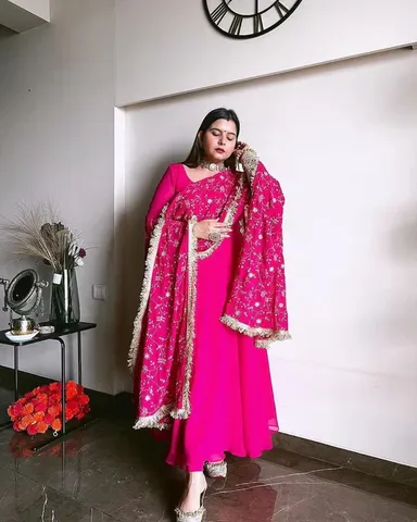 Women Anarkali Kurta Set | Heavy Sequence Embroidery | Full Flare Georgette Gown with Dupatta | Wedding & Party Wear | Rani Color  thumbnail 2