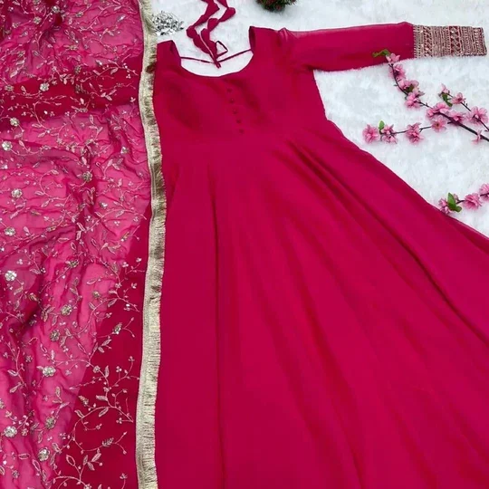 Women Anarkali Kurta Set | Heavy Sequence Embroidery | Full Flare Georgette Gown with Dupatta | Wedding & Party Wear | Rani Color  image 4
