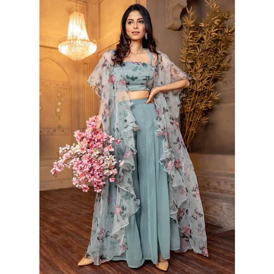 Women’s Grey Floral Palazzo Suit Set | Stitched Tabby Organza Jacket & Cotton Top | Wedding & Festive Wear Ensemble image 2