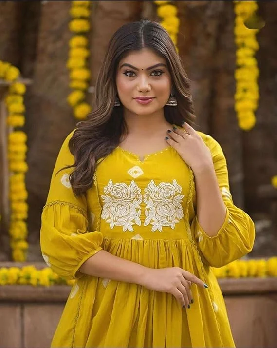 Cotton Printed Long Anarkali Kurti Set with Pant | Yellow Color Ethnic Wear | Comfortable Daily & Festive Outfit for Women | Size M image 2