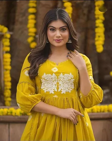 Cotton Printed Long Anarkali Kurti Set with Pant | Yellow Color Ethnic Wear | Comfortable Daily & Festive Outfit for Women | Size M thumbnail 1