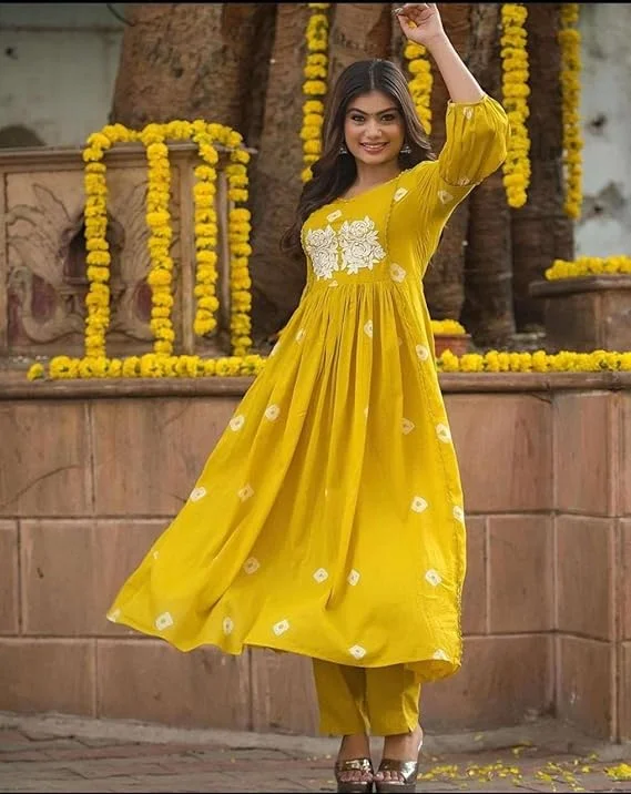 Cotton Printed Long Anarkali Kurti Set with Pant | Yellow Color Ethnic Wear | Comfortable Daily & Festive Outfit for Women | Size M image 1