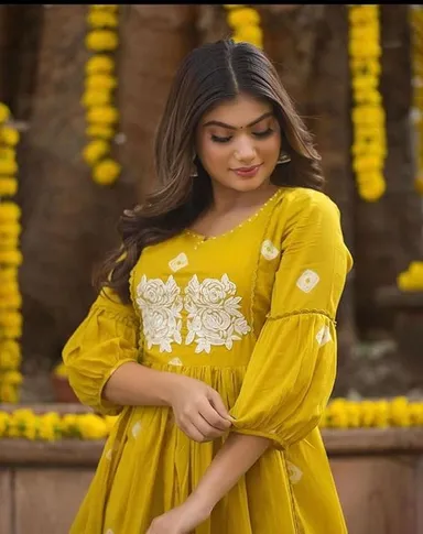 Women Cotton Printed | Long Anarkali Kurti with Pant | Yellow Ethnic Wear Set thumbnail 2
